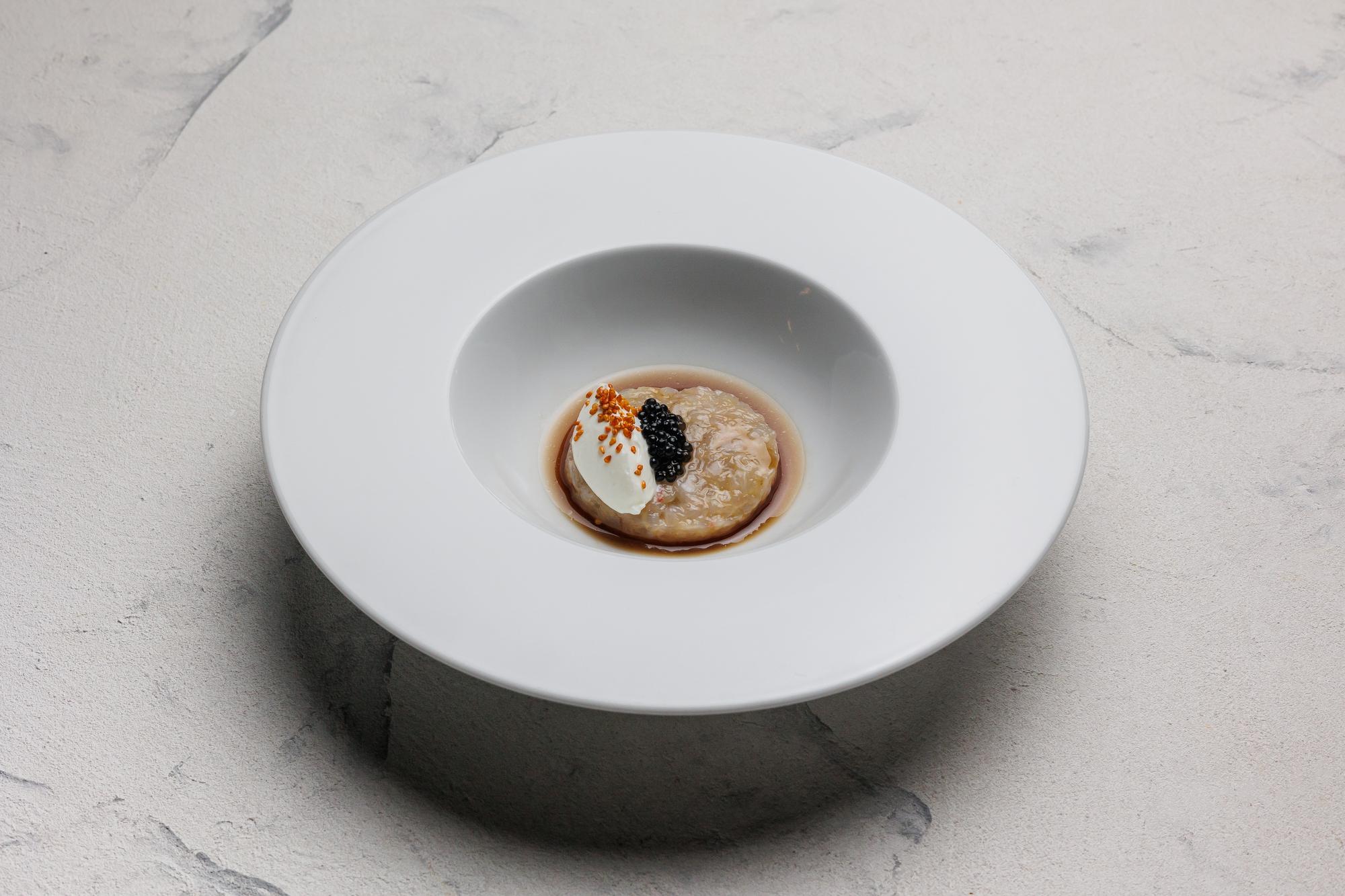 Large editorial: plated tasting course on ceramic